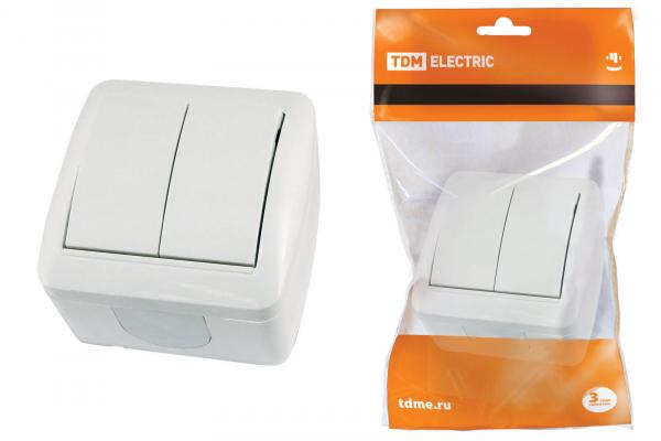 TDM  Селигер Белый Выключатель 2-клавишный открытая установка IP44 10А SQ1818-0002